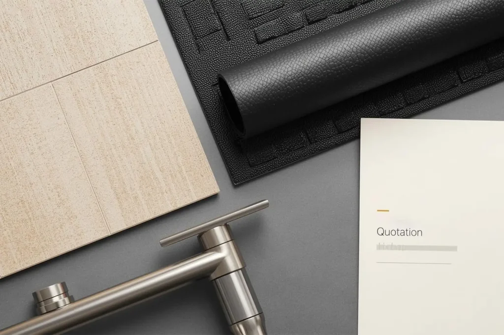 A flat lay display of bathroom renovation materials, including beige floor tiles, black textures, a stainless steel faucet fixture, and a printed project quotation document.