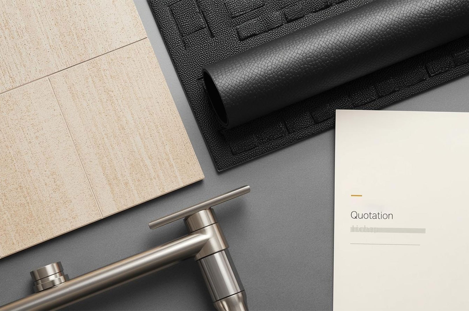 A flat lay display of bathroom renovation materials, including beige floor tiles, black textures, a stainless steel faucet fixture, and a printed project quotation document.
