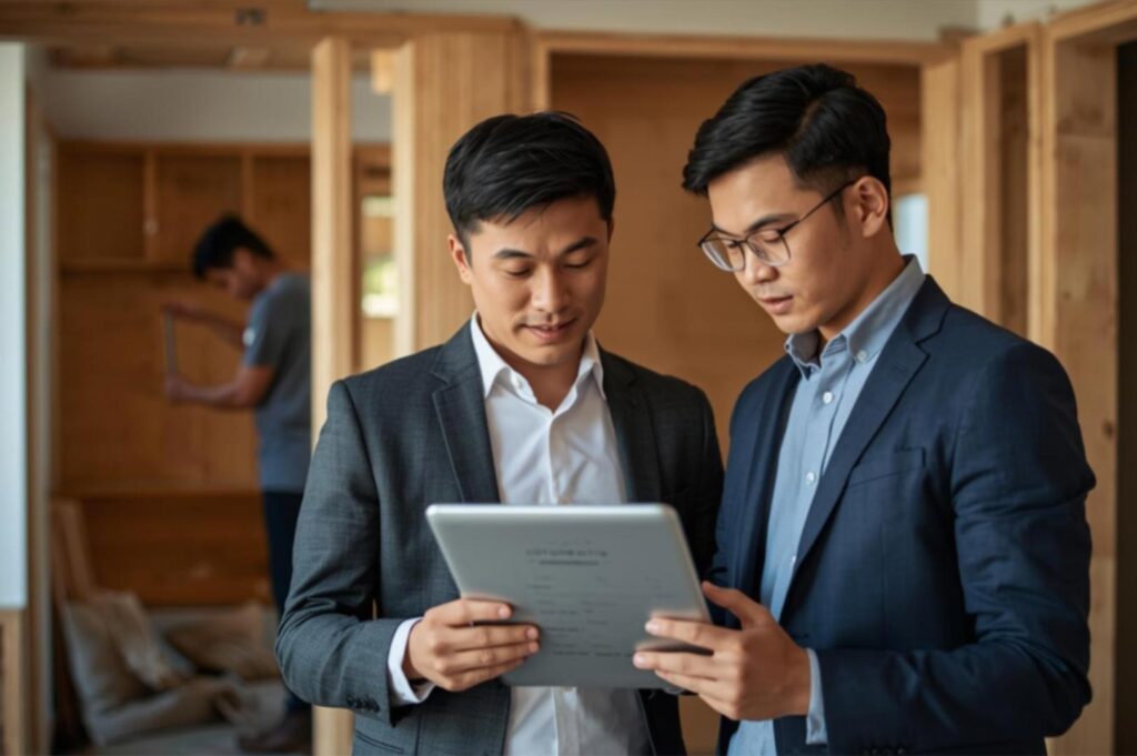 Architect and client standing inside a renovation site, reviewing digital plans on a tablet with unfinished wooden framing visible in the background.