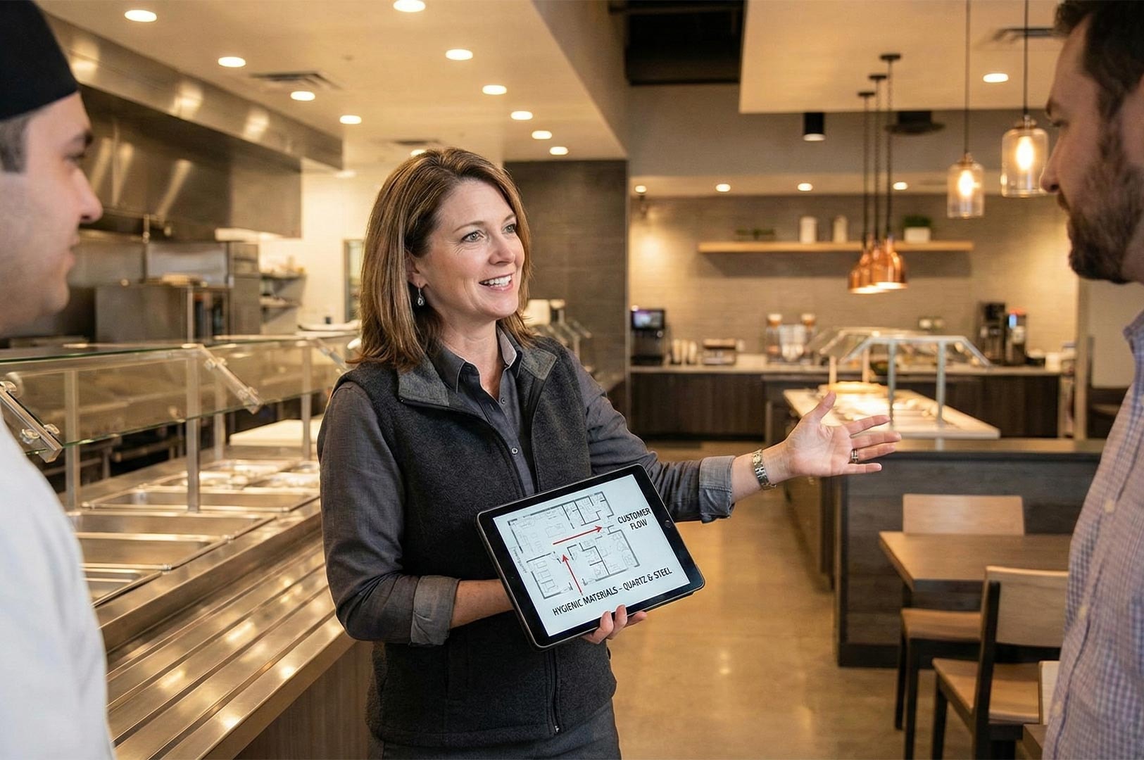 An interior designer holding a tablet displaying a floor plan while discussing workflow and materials with clients in a commercial kitchen setting.