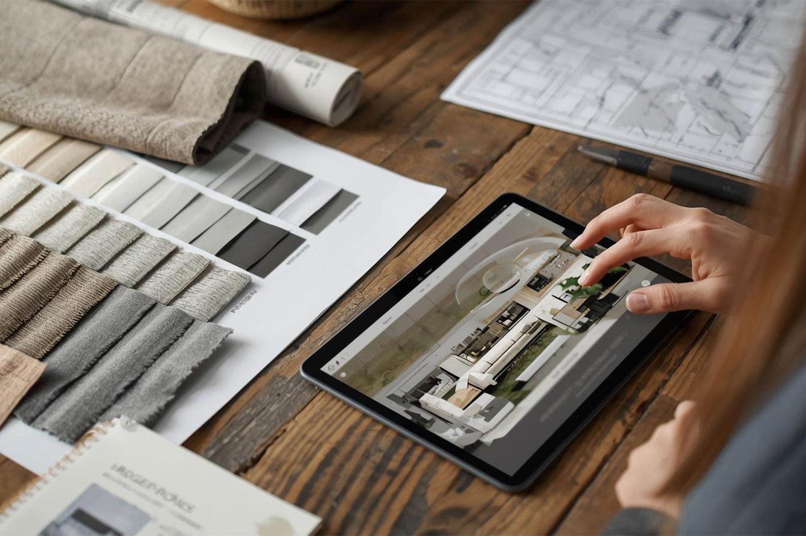 An interior designer working on a 3D digital room rendering on a tablet, surrounded by fabric swatches, color palettes, and architectural blueprints on a wooden desk.