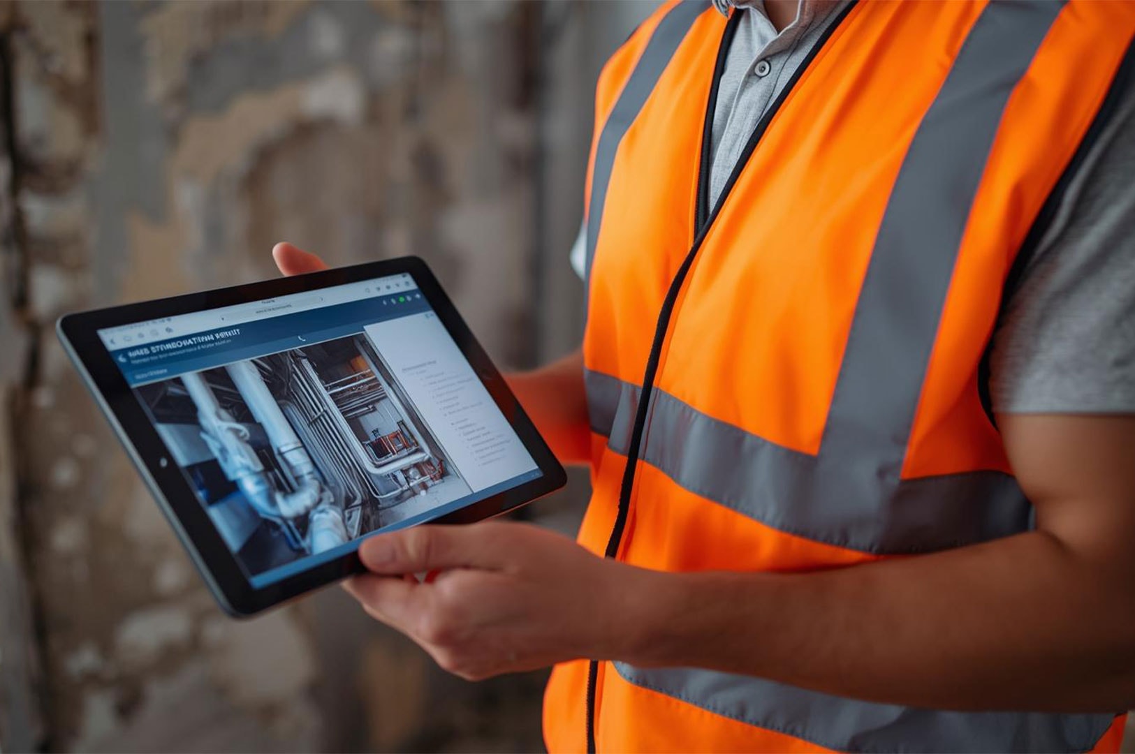 A construction worker wearing an orange safety vest holding a tablet displaying digital images of exposed plumbing pipes while standing at a rough renovation site.