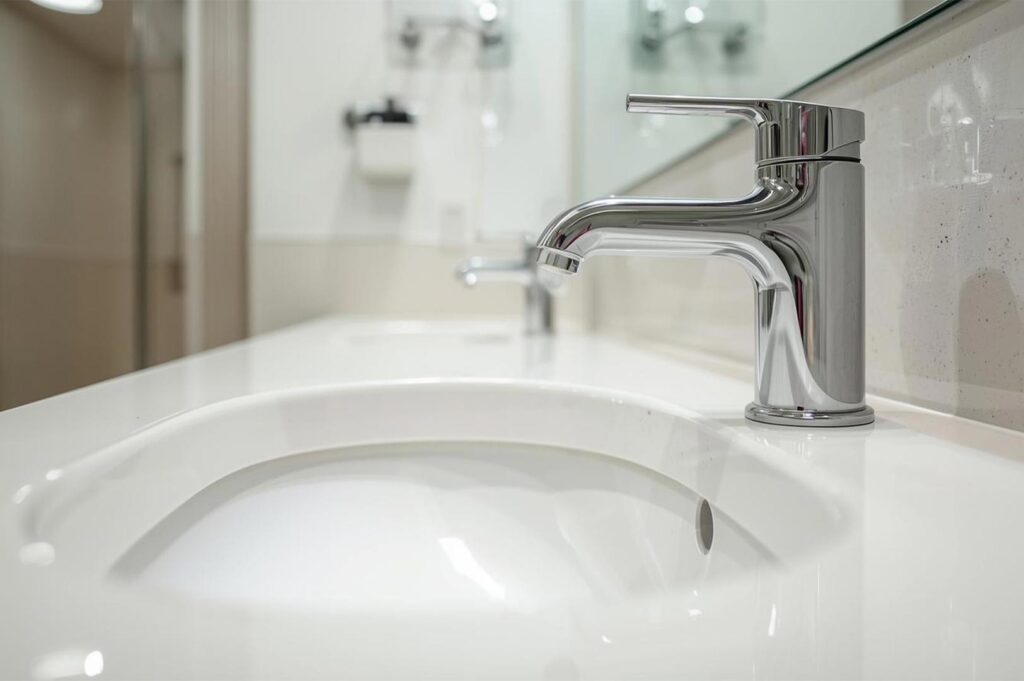 A close-up side profile of a sparkling polished chrome mixer faucet installed on a clean white bathroom sink.