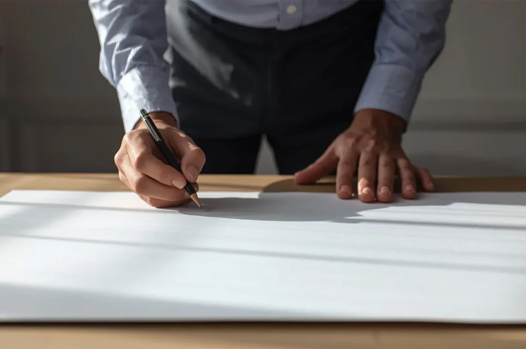 Close-up of a designer's hands using a pencil to sketch architectural floor plans on a large sheet of white paper for a home improvement project.