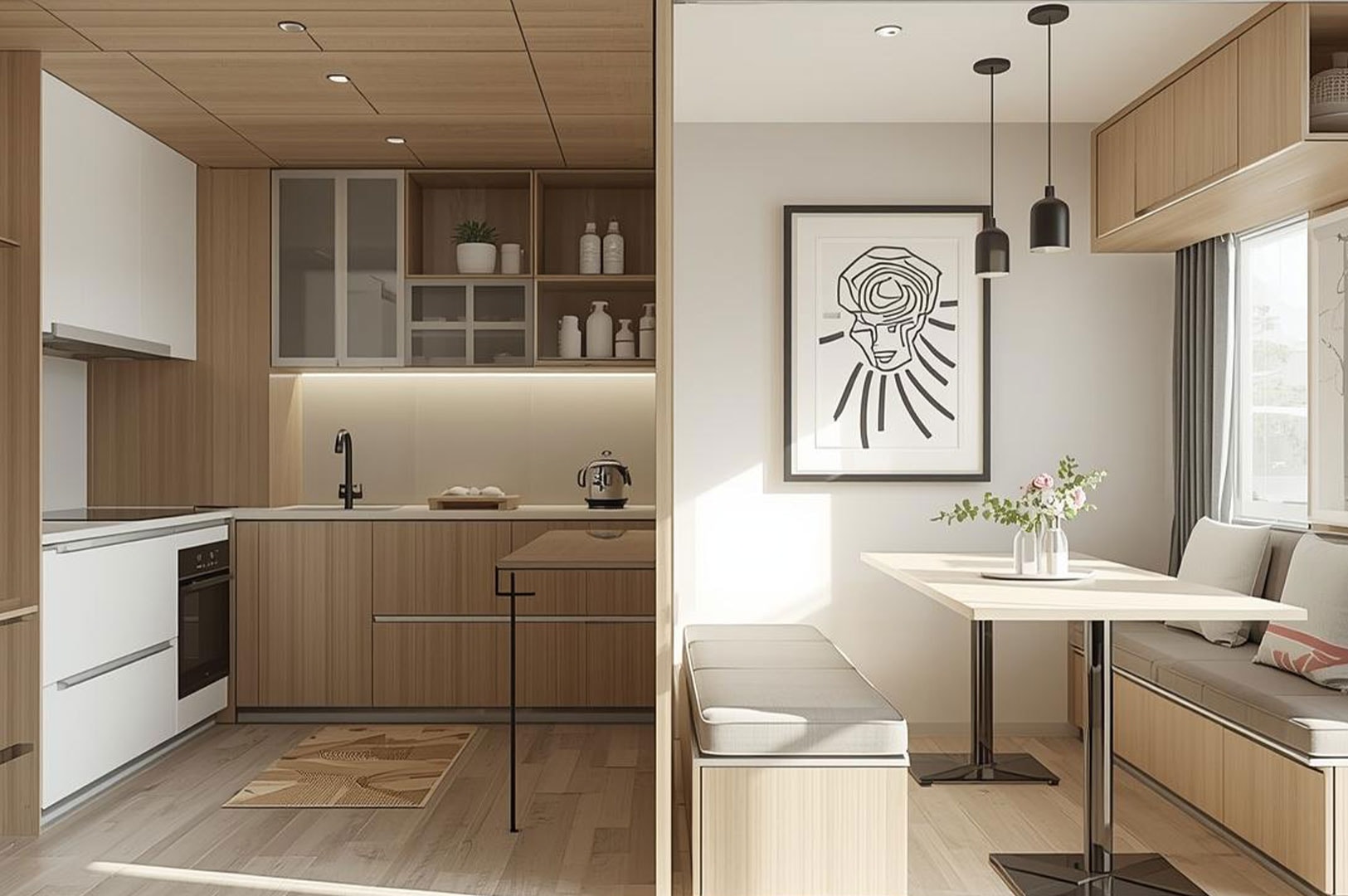 A modern, compact apartment interior featuring a minimalist kitchen with white cabinets alongside a cozy dining nook with light wood paneling, bench seating, and black pendant lights.