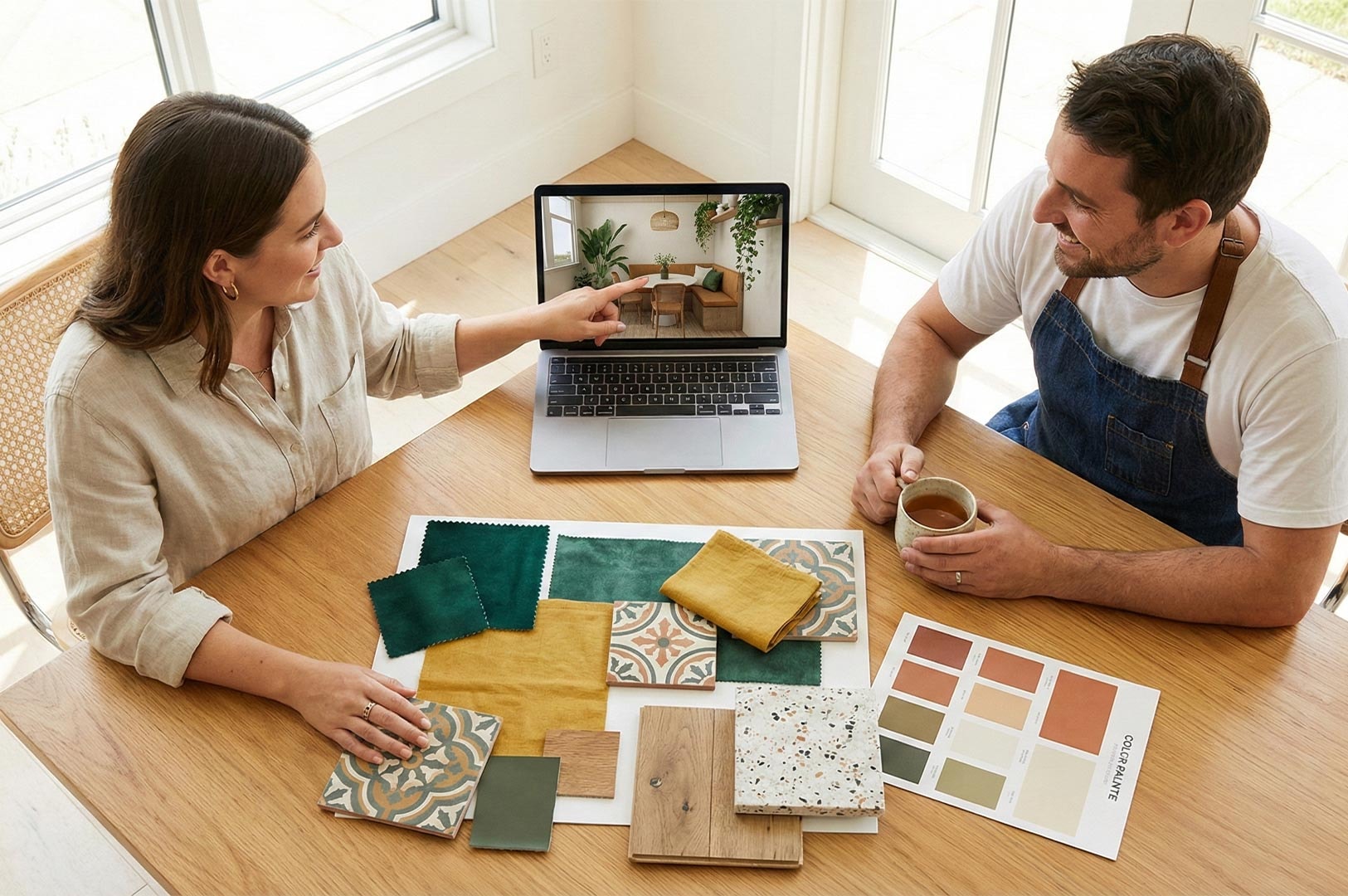 A happy couple sitting at a table reviewing a 3D interior design render on a laptop while selecting physical samples of wood flooring, tiles, and fabric.