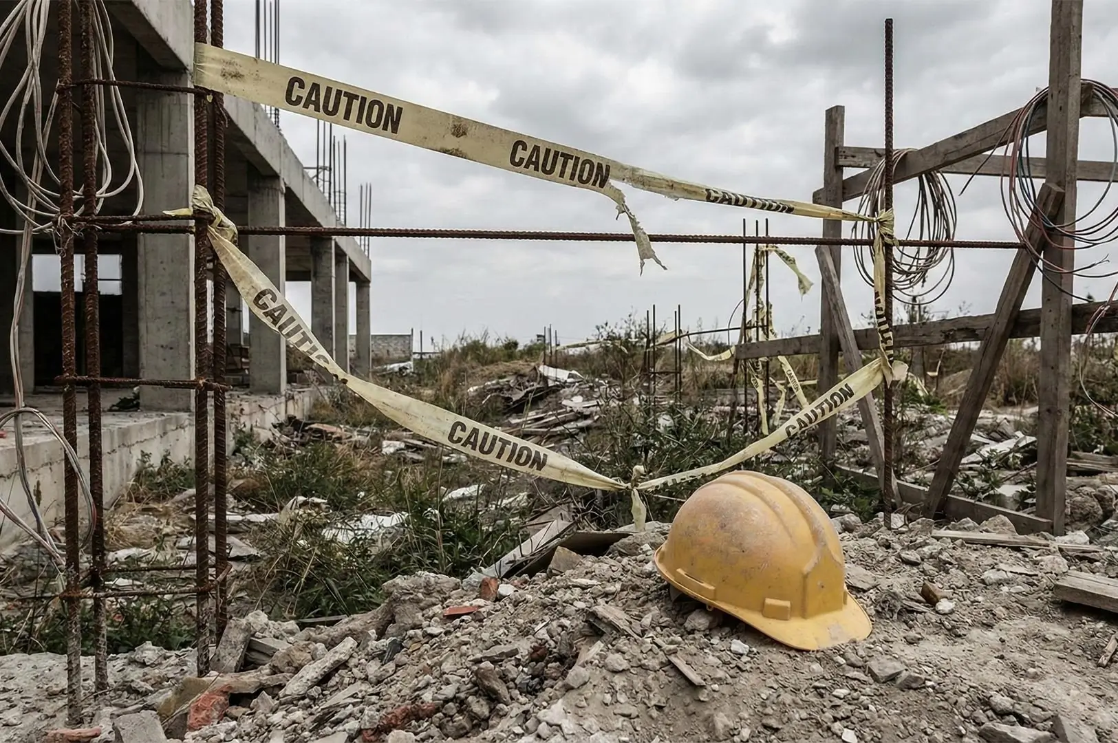 An abandoned construction site featuring a dirty yellow hard hat on the ground and caution tape wrapped around exposed rebar, symbolizing project delays or safety hazards.