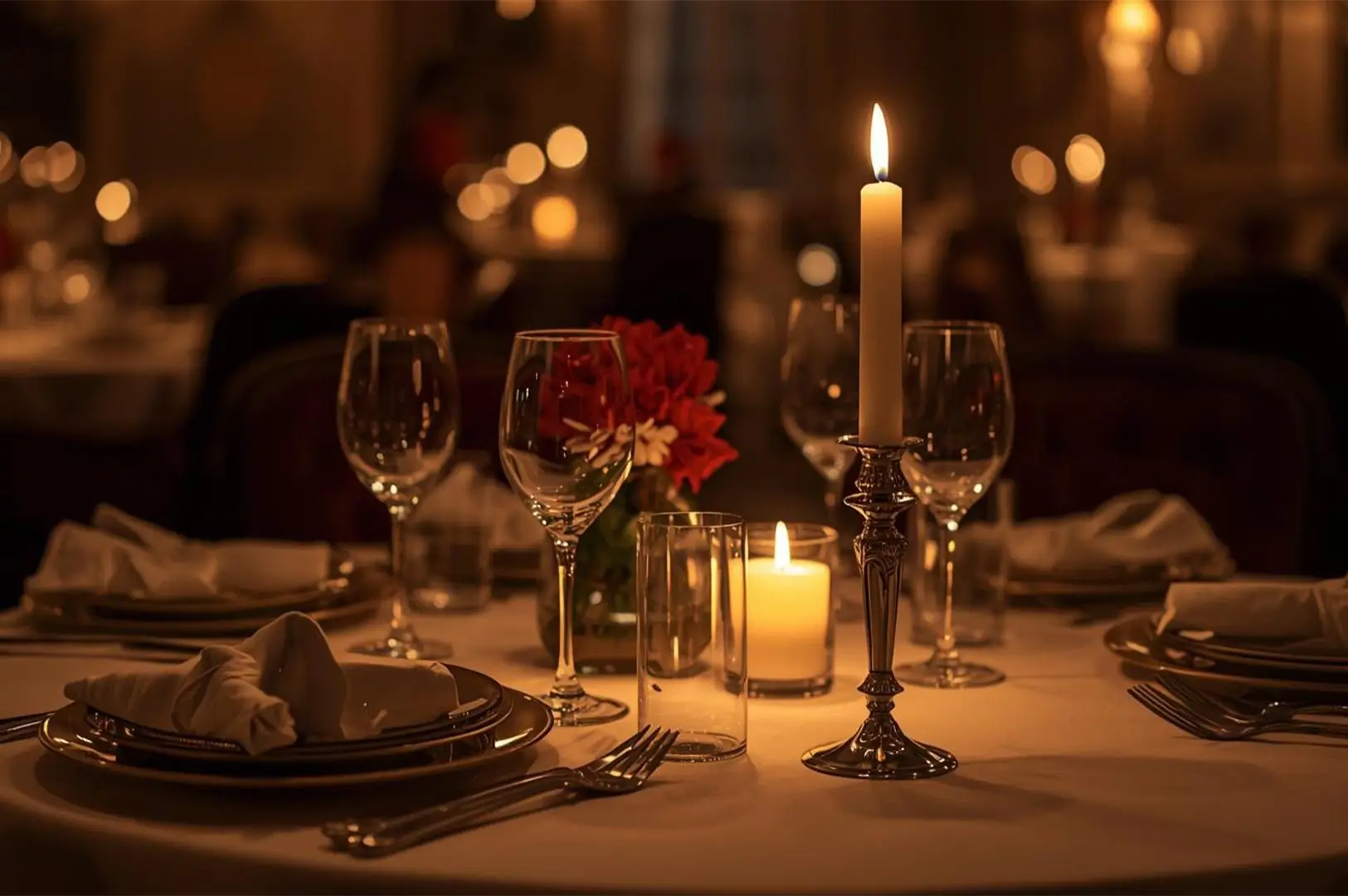 Close-up of a romantic fine dining table setting featuring crystal wine glasses, red flowers, and a tall lit candle in a dimly lit, atmospheric restaurant.