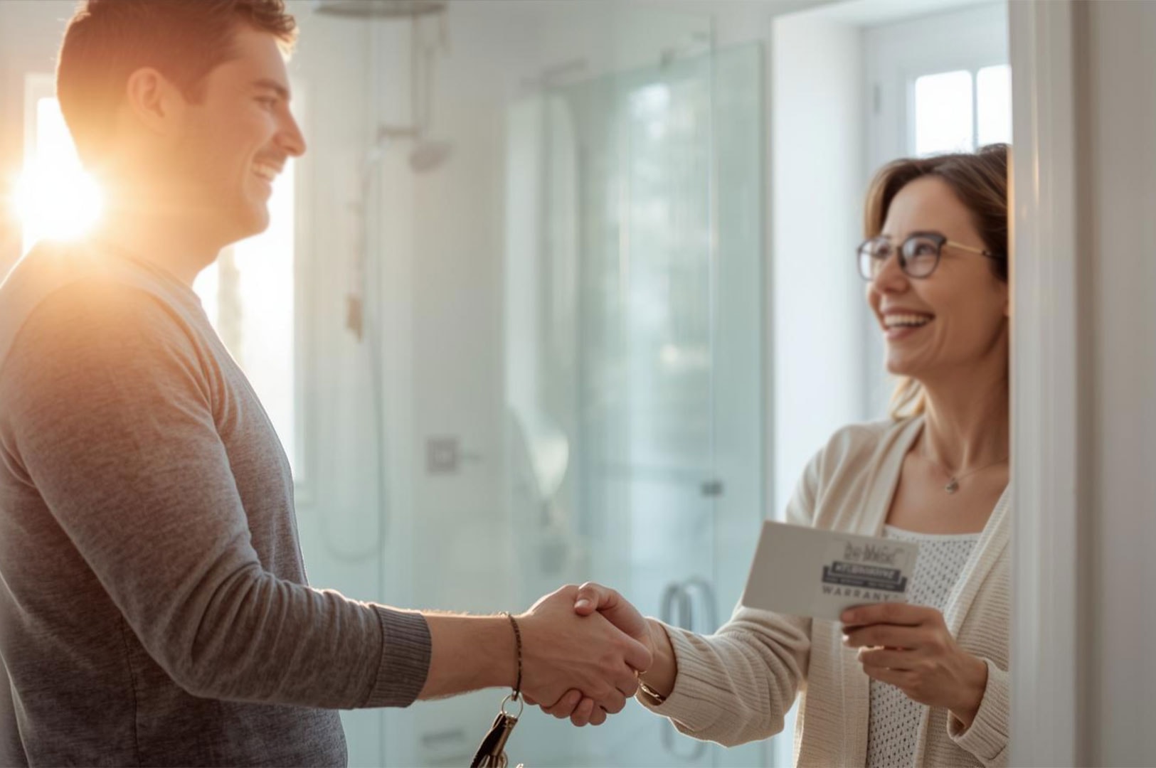 A smiling contractor shaking hands with a happy homeowner in a newly finished bathroom, handing over a warranty card to signify the successful completion of the renovation.