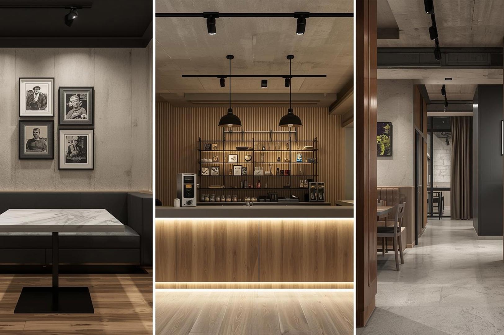 Collage view of an industrial-chic cafe design, showing booth seating with art frames, a wooden slat coffee bar counter with pendant lights, and a concrete hallway view.