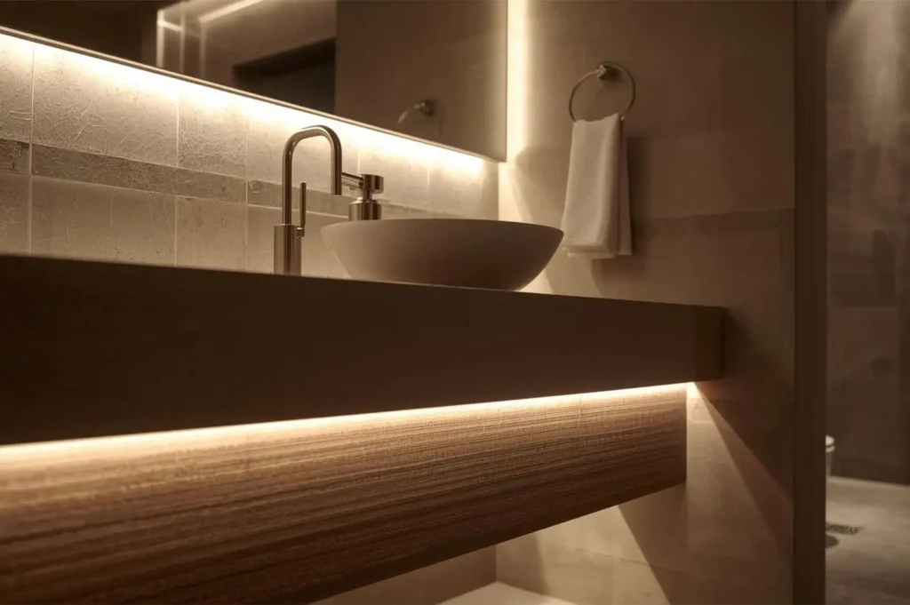 A modern bathroom vanity featuring a vessel sink, minimalist faucet, and warm ambient LED strip lighting installed beneath the counter and mirror.