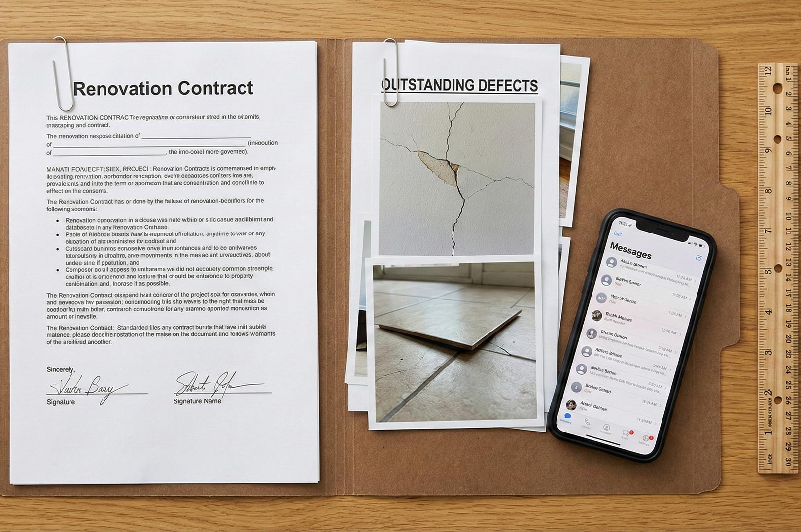 A project file containing a renovation contract, photos documenting construction defects like cracked walls and uneven tiles, and a smartphone showing contractor communication.