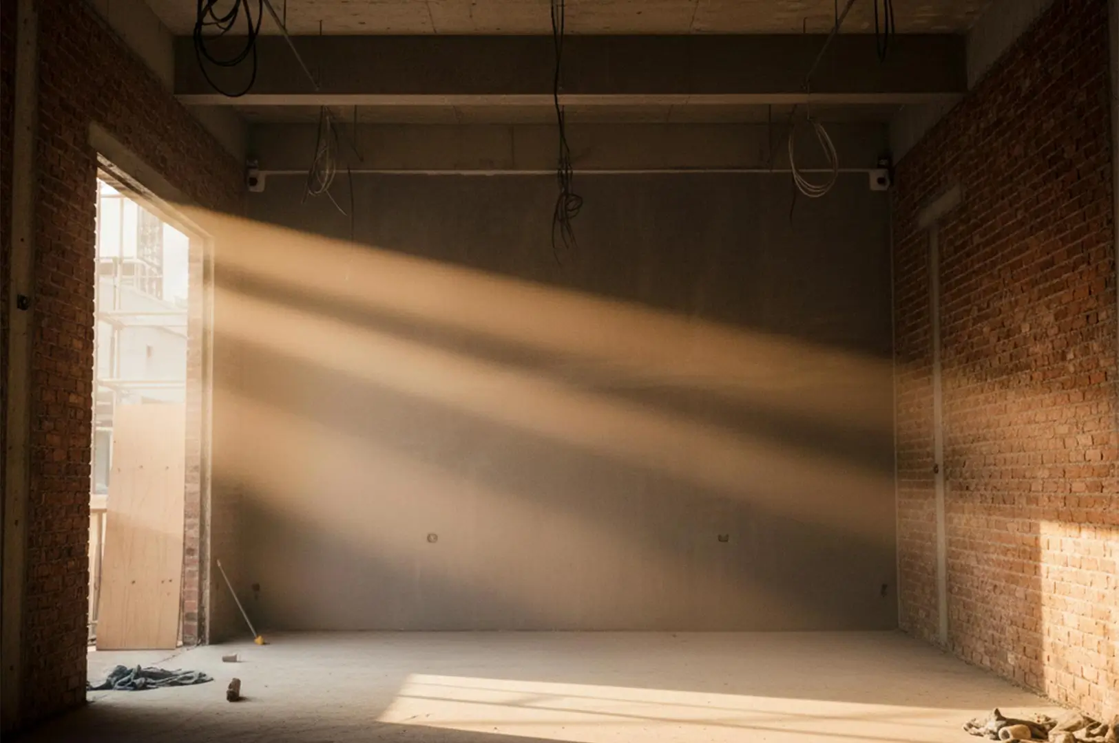 An interior view of an unfinished industrial room under construction, featuring exposed brick walls, concrete ceilings, and dramatic sunbeams streaming through a large doorway, illuminating dust in the air.