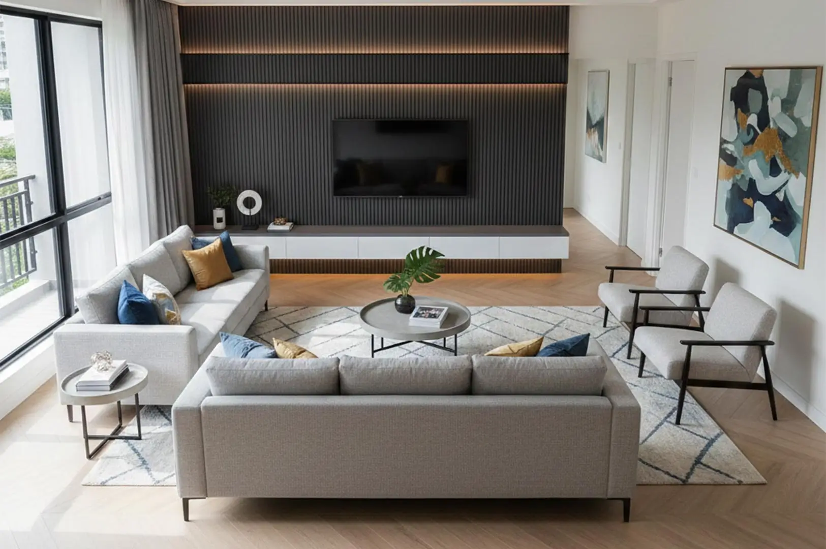 High-angle view of a modern living room with grey sofas, a dark slatted feature wall with LED lighting, and herringbone wood flooring.