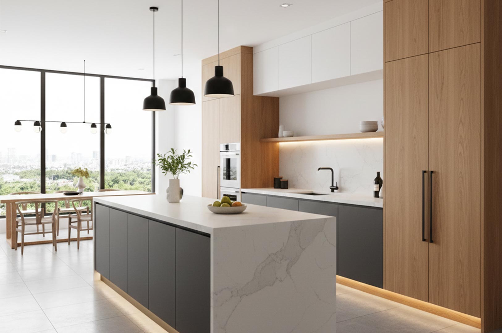 A bright, modern minimalist kitchen featuring a white marble waterfall island, light oak wood cabinetry, and three black pendant lights.