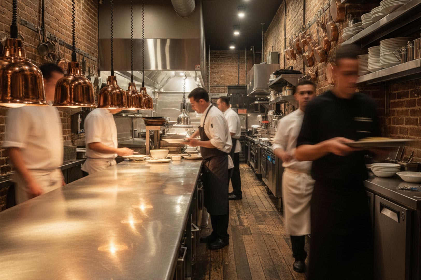 A busy, professional restaurant kitchen with chefs in white uniforms plating gourmet dishes under warm copper heat lamps against a rustic brick wall.