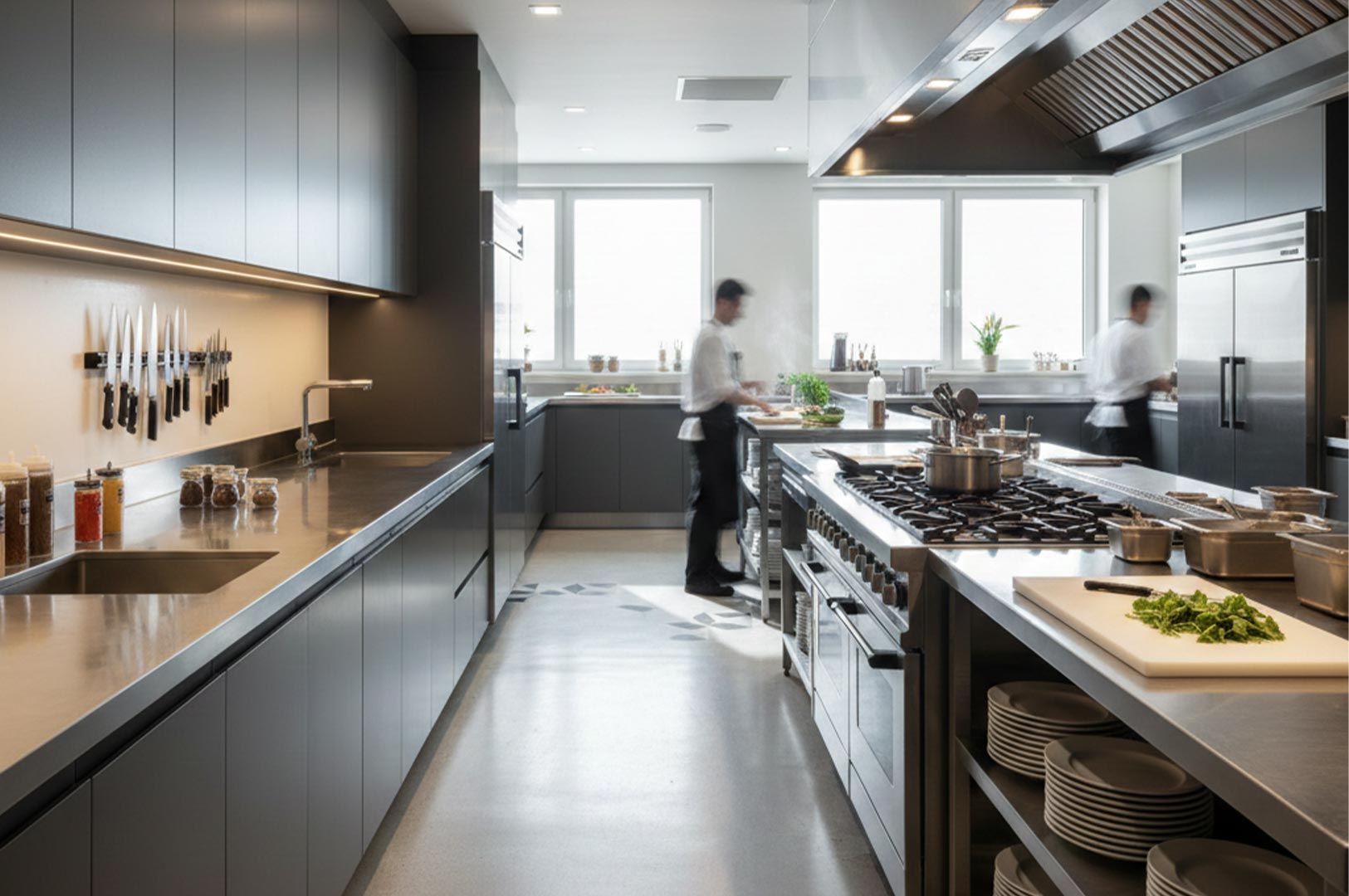 A wide view of a modern professional commercial kitchen with stainless steel countertops, industrial gas ranges, and chefs preparing food.