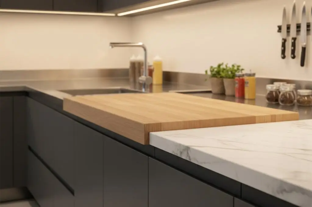 Close-up of a thick wooden butcher block cutting board integrated into a marble and gray matte kitchen countertop.