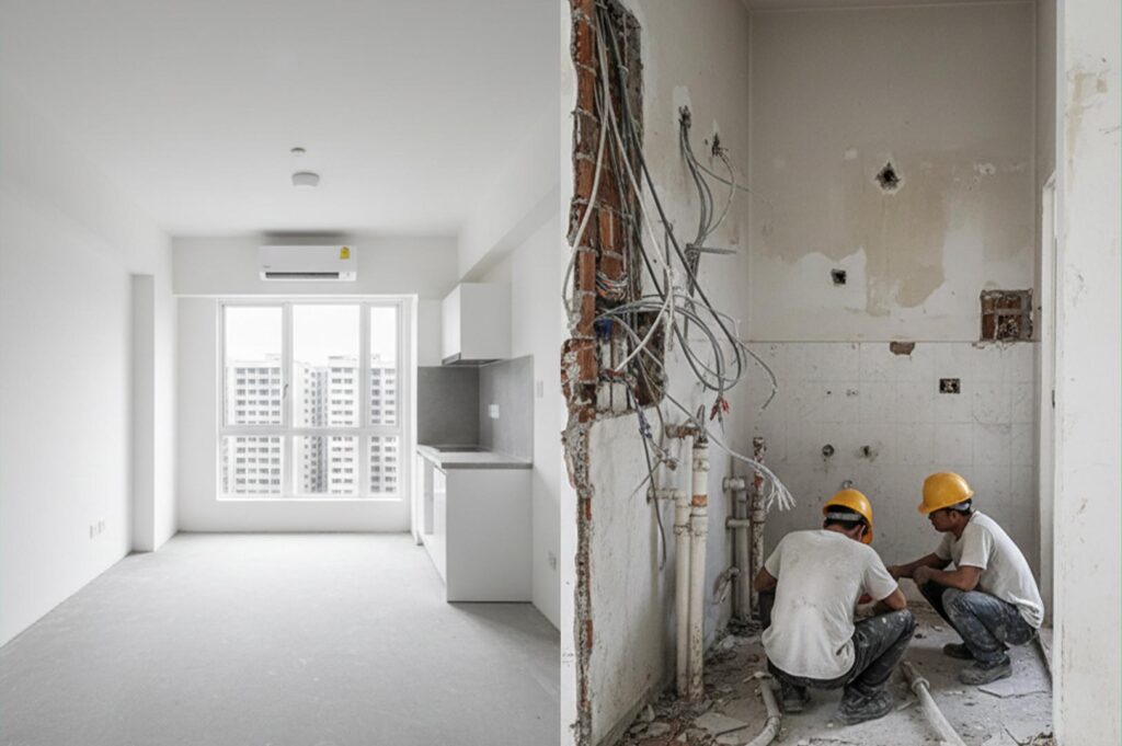 A split-screen image showing a bright, finished white apartment kitchen on the left and a raw construction site with exposed wiring on the right.