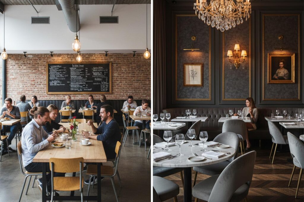 A split screen showing a casual industrial-style cafe with exposed brick and wooden tables next to a high-end luxury restaurant with velvet chairs and a crystal chandelier.