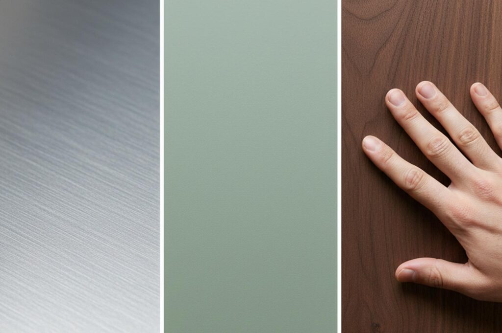 Close-up texture comparison of three kitchen finishes: brushed stainless steel, matte sage green, and natural dark walnut wood grain.