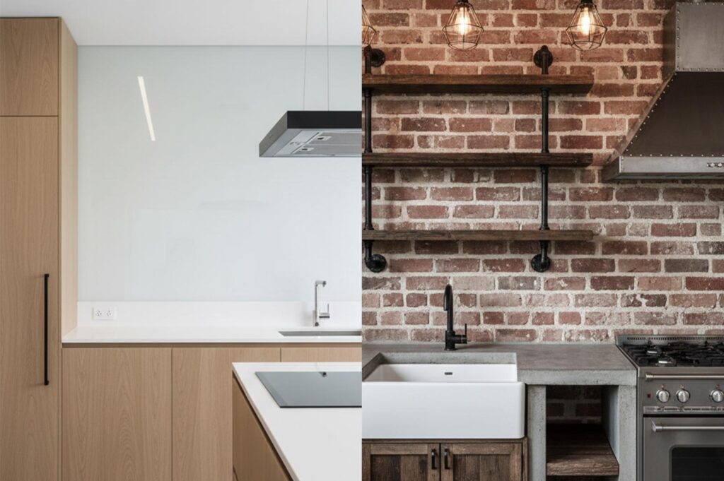 A split-screen comparison showing a minimalist kitchen with light wood cabinets and a white glass backsplash on the left, and an industrial kitchen with red brick walls, open wood shelving, and a concrete countertop on the right.
