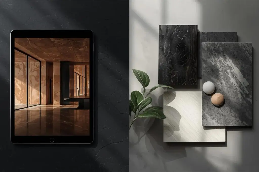 An interior design flat lay featuring marble material samples in black, white, and grey, paired with a digital tablet displaying a luxury lobby render and a small green plant for aesthetic contrast.