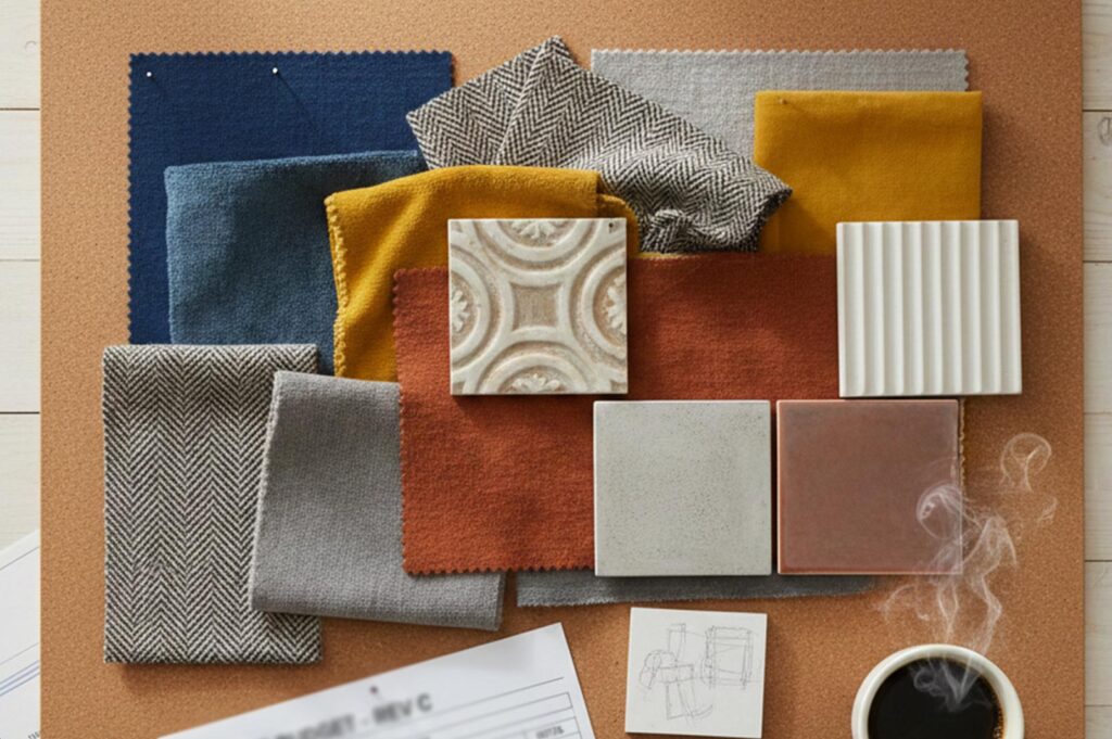 A professional interior design moodboard on a cork background featuring fabric swatches in navy, mustard yellow, and terracotta, paired with grey herringbone patterns and textured ceramic tiles next to a cup of coffee.