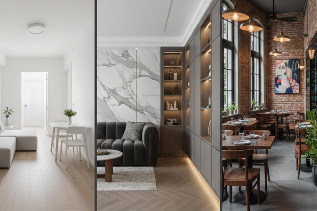 A three-panel collage showcasing different interior design styles: minimalist white, luxury marble with built-in lighting, and rustic industrial brick.