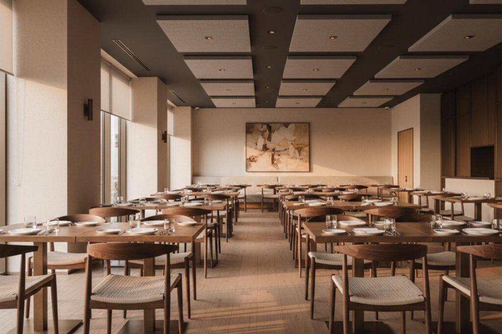 A contemporary minimalist dining room featuring wooden tables and woven chairs, neutral-toned walls, and soft natural sunlight streaming through large windows.