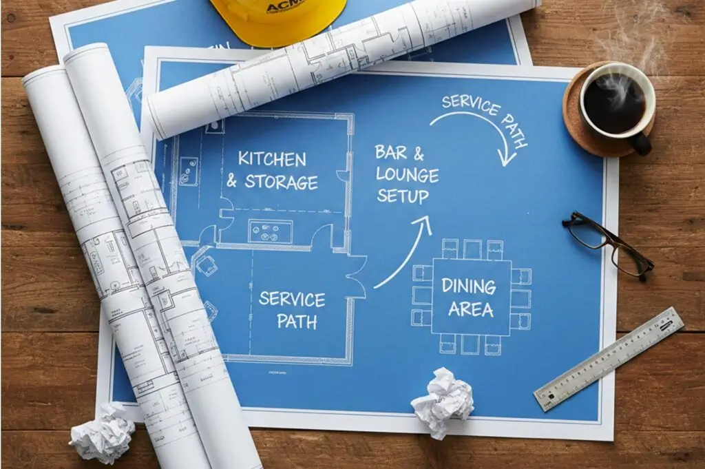 Blueprints on a wooden table showing a restaurant floor plan including kitchen, dining area, and bar lounge setup alongside a hard hat and coffee.