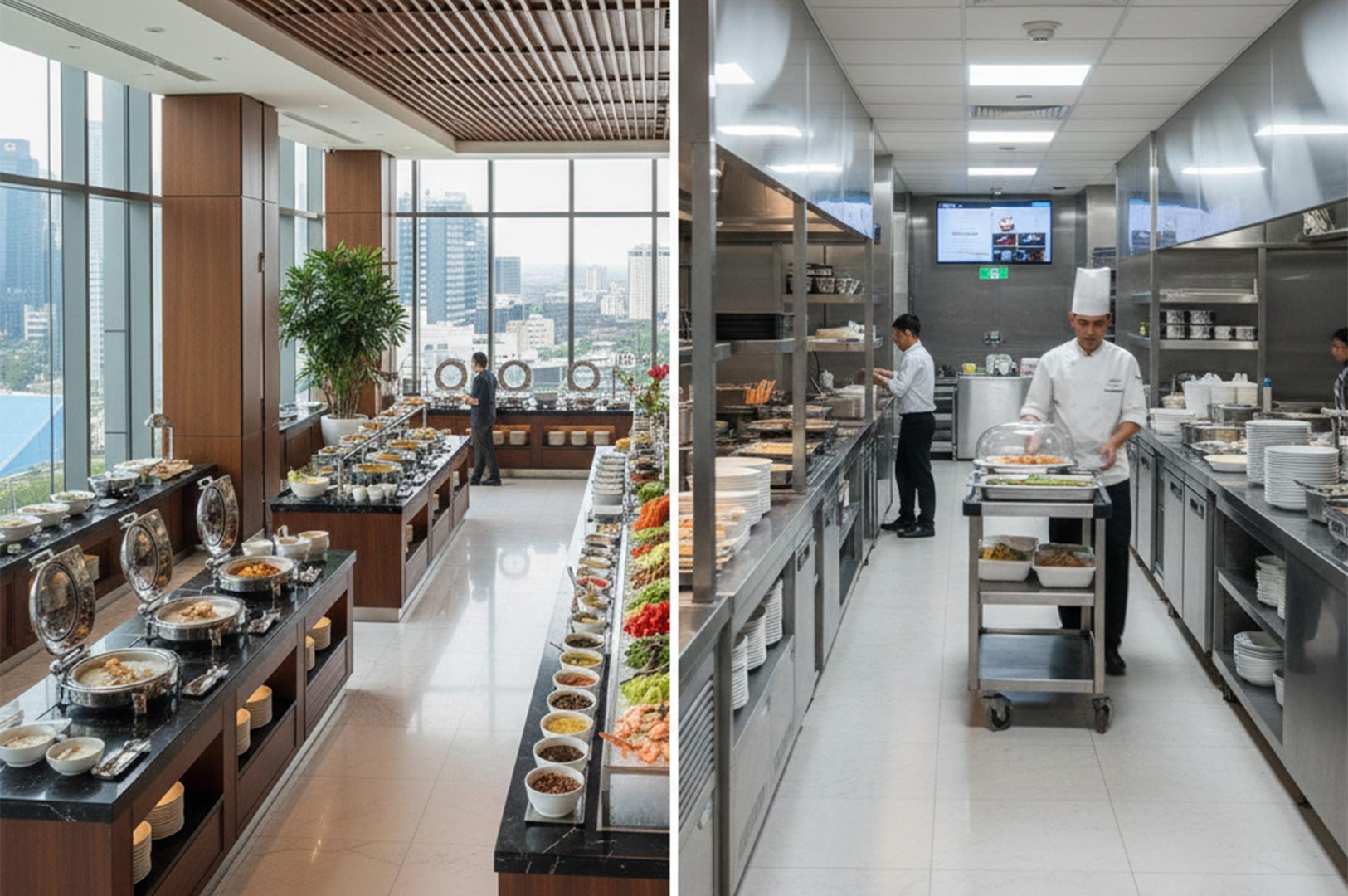 A split-view image showing a bright, upscale dining room with buffet stations on the left and a clean, professional stainless steel commercial kitchen on the right.