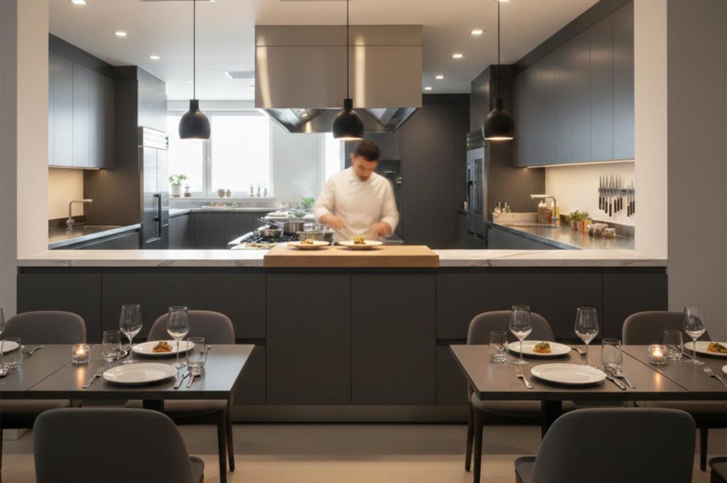 A view from the dining area of a luxury restaurant showing a chef plating dishes behind a marble counter with pendant lighting.