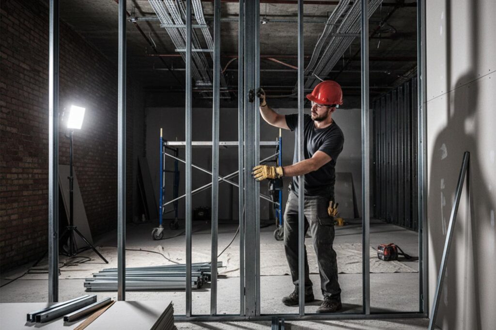 A construction worker in a red hard hat installing metal stud framing for a new wall in a commercial building.