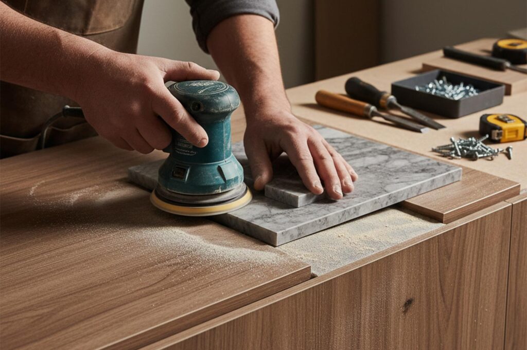 Professional contractor using an electric orbital sander on a grey marble slab in a woodworking workshop.