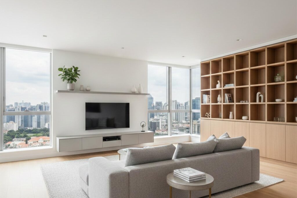 Minimalist living room featuring a light oak built-in bookshelf, a grey sofa, and large floor-to-ceiling windows overlooking a city skyline.