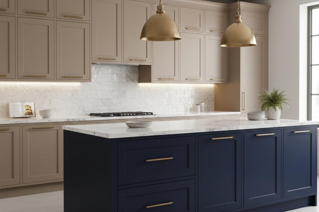 Luxury transitional kitchen design with a navy blue island, beige shaker-style upper cabinets, and elegant gold brass handles and light fixtures.