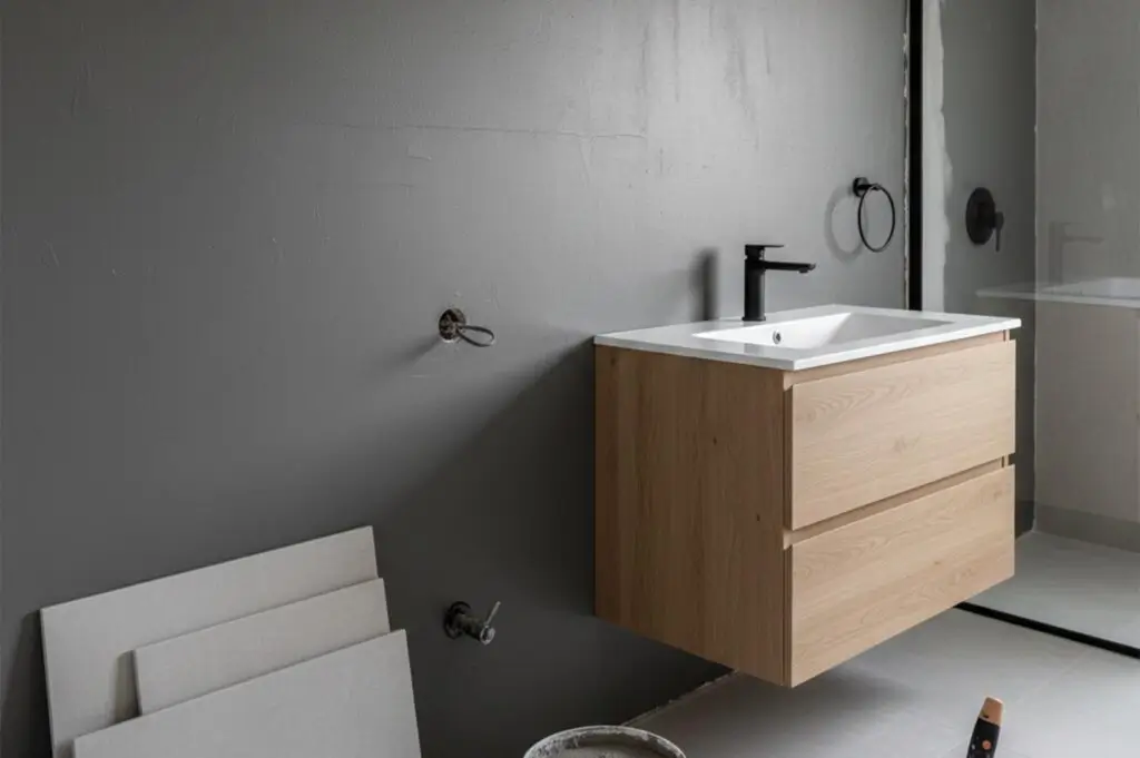 A light wood floating bathroom vanity with a black faucet installed against a dark grey wall during a renovation.