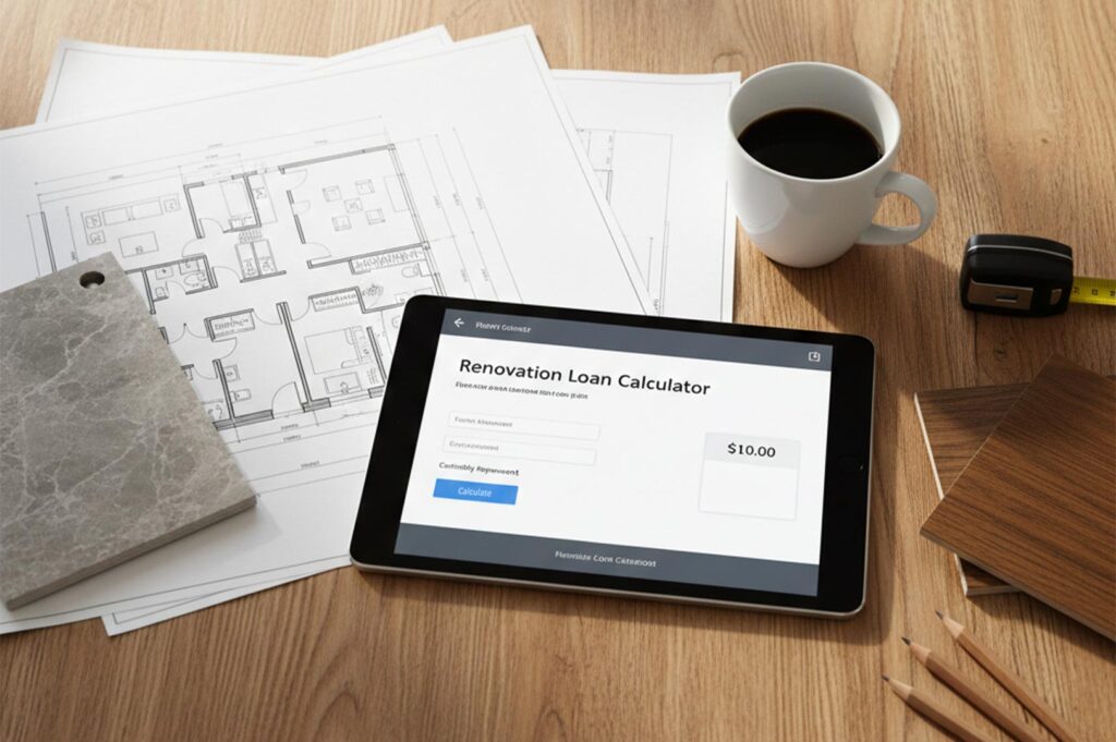 A digital tablet displaying a renovation loan calculator on a wooden desk next to house floor plans, a cup of coffee, and material samples.