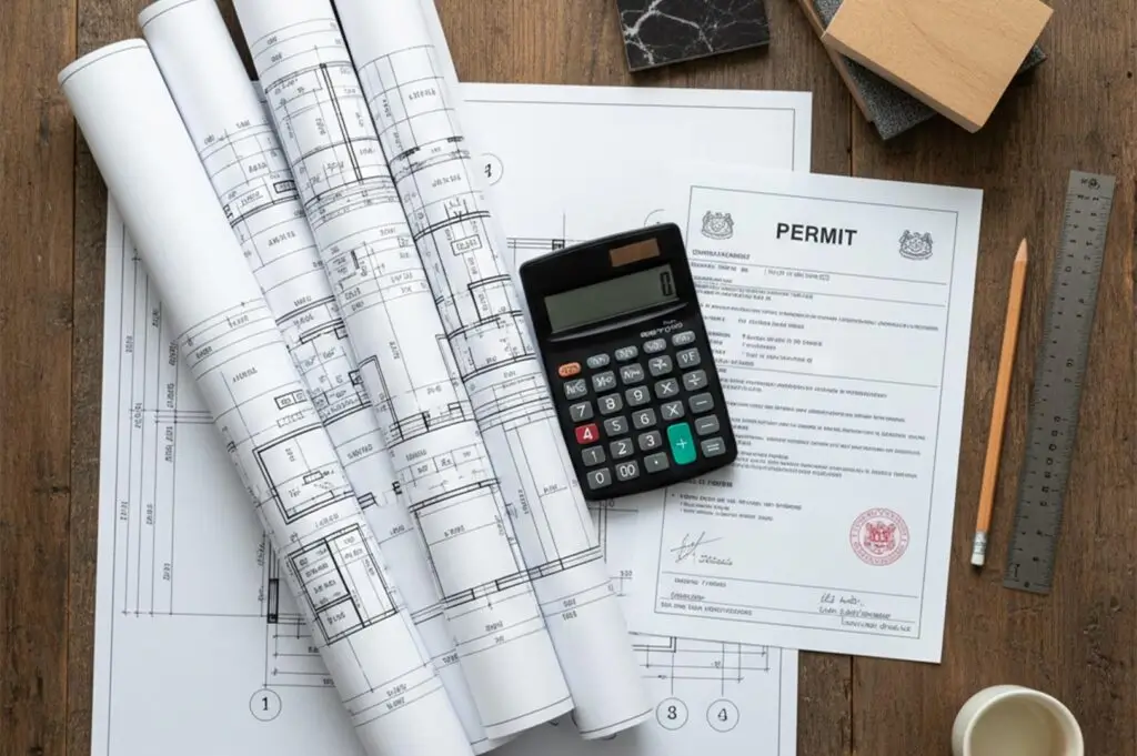 Architectural blueprints rolled up on a wooden desk next to an official permit document, a calculator, and a pencil.