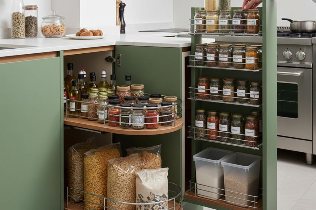 A smart kitchen storage solution featuring a sage green pull-out spice rack and a corner carousel cabinet filled with organized jars and dry goods.