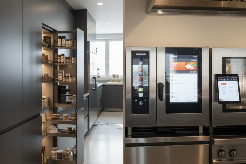 A modern kitchen featuring a pull-out spice rack pantry and high-tech stainless steel ovens with large digital touchscreen displays.