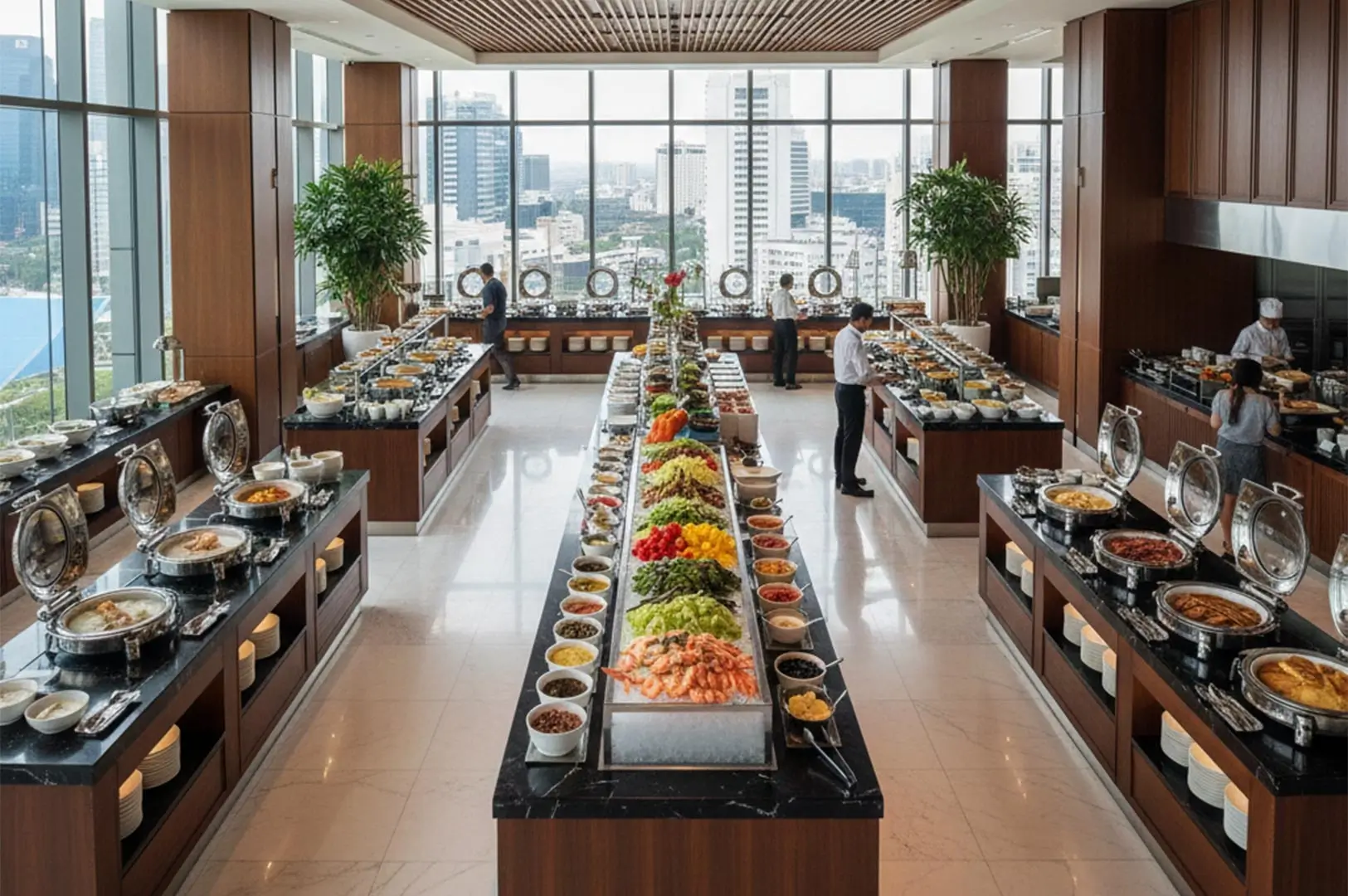 A high-end hotel buffet featuring multiple food stations with a variety of international cuisines and a panoramic floor-to-ceiling view of a city skyline.