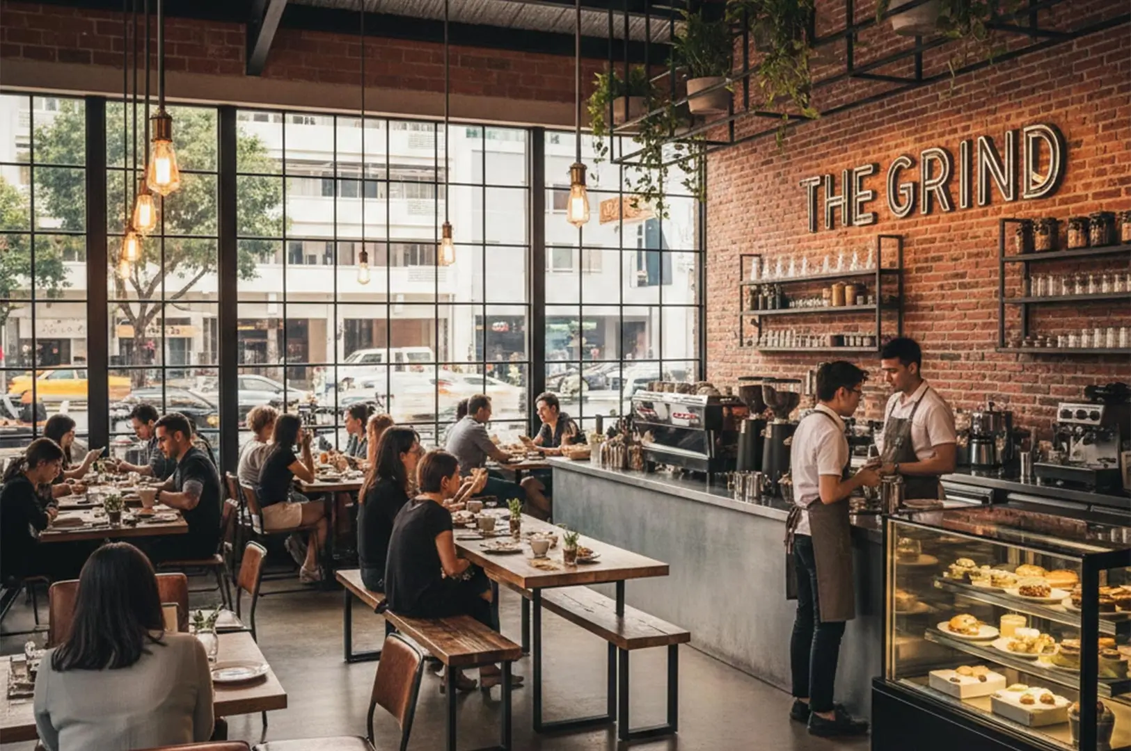 A busy, modern industrial-style cafe named The Grind featuring exposed brick walls, large glass windows, and customers enjoying coffee at wooden tables.