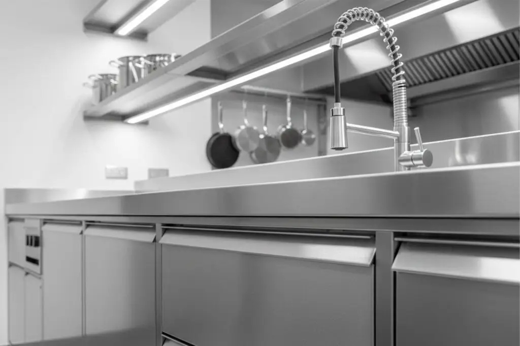 A close-up of a professional commercial kitchen featuring sleek stainless steel countertops, a high-neck faucet, and industrial cookware.