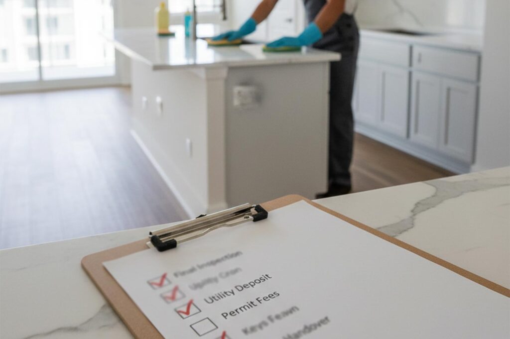 A clipboard with a "Final Inspection" checklist on a marble counter, with a person in the background cleaning a modern white kitchen.