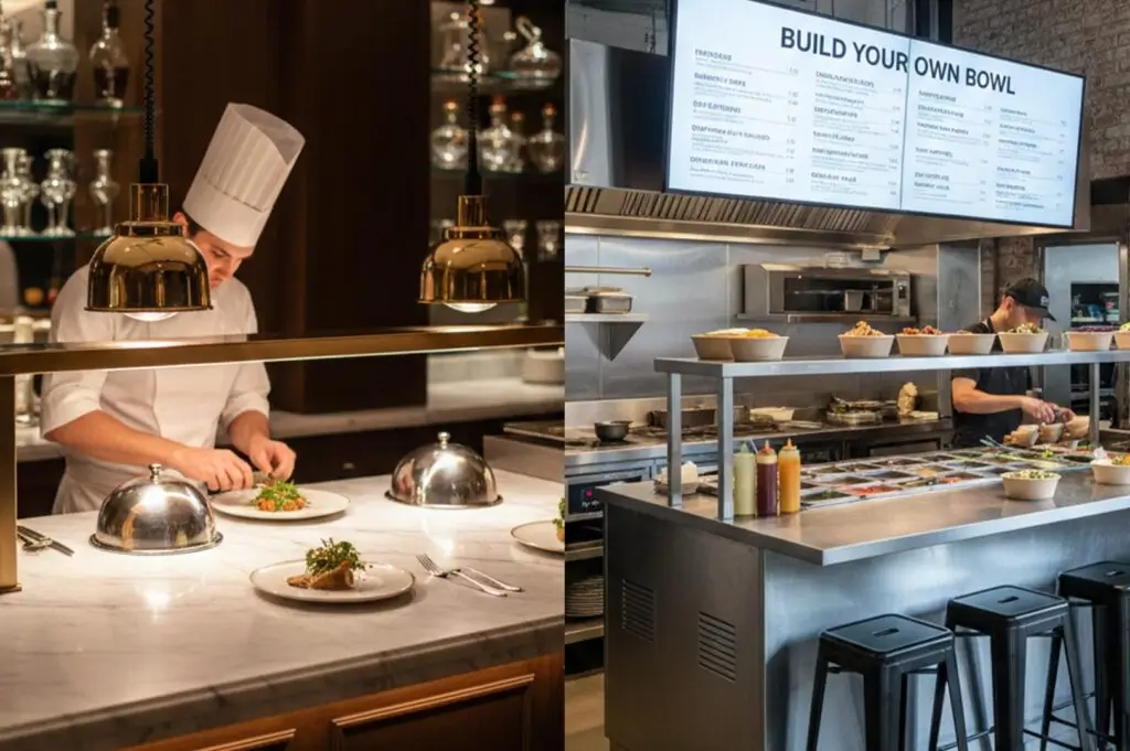 A split image showing a fine dining chef plating food under heat lamps on the left and a "Build Your Own Bowl" casual service counter on the right.