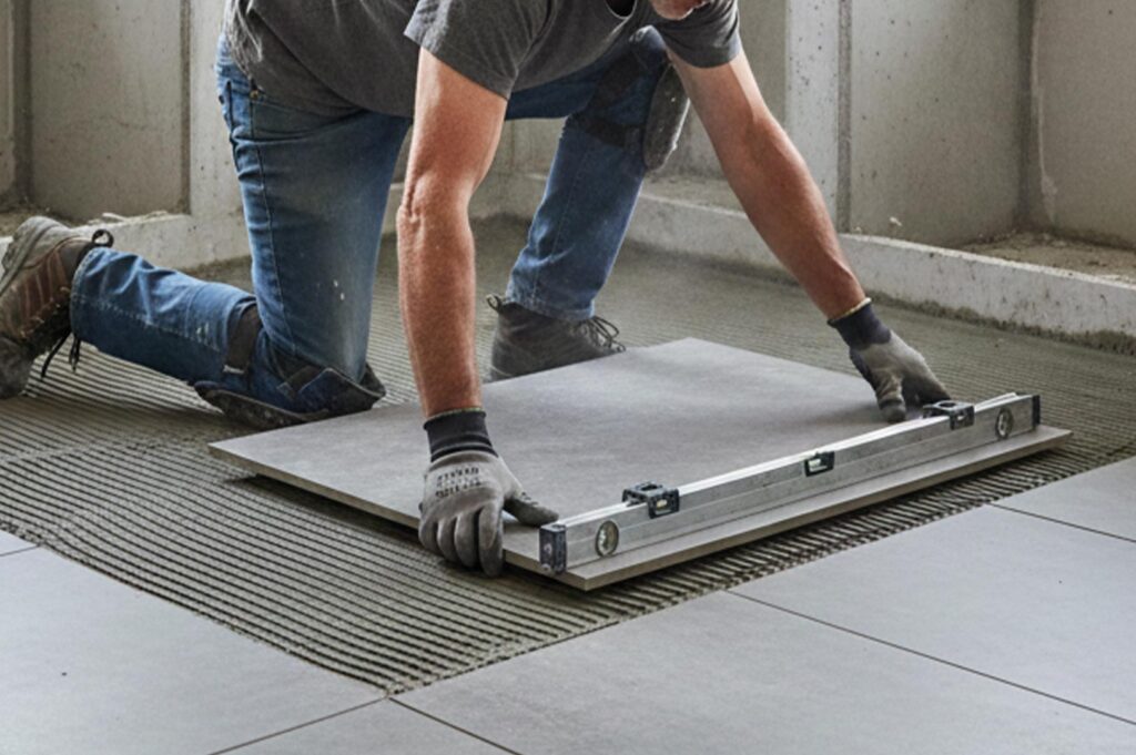 A construction worker in knee pads using a spirit level to accurately lay large grey porcelain floor tiles on a thin-set mortar bed.