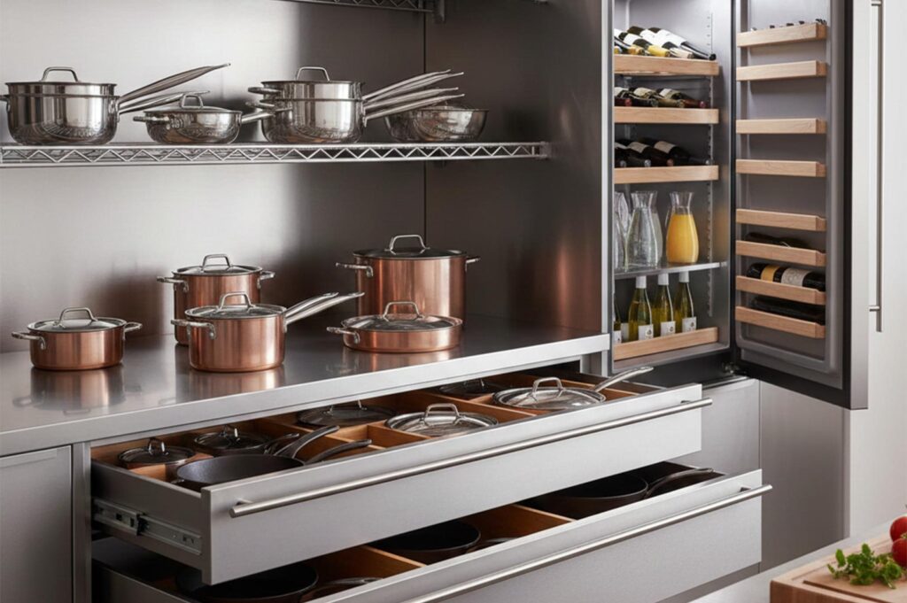 Professional-grade kitchen with stainless steel surfaces, deep organized drawers for pans, and a display of copper pots on a metal shelf.