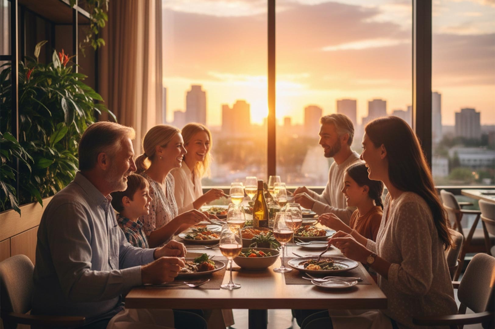 A multi-generational family enjoying a celebratory dinner at a restaurant table during a golden sunset with a city skyline in the background.